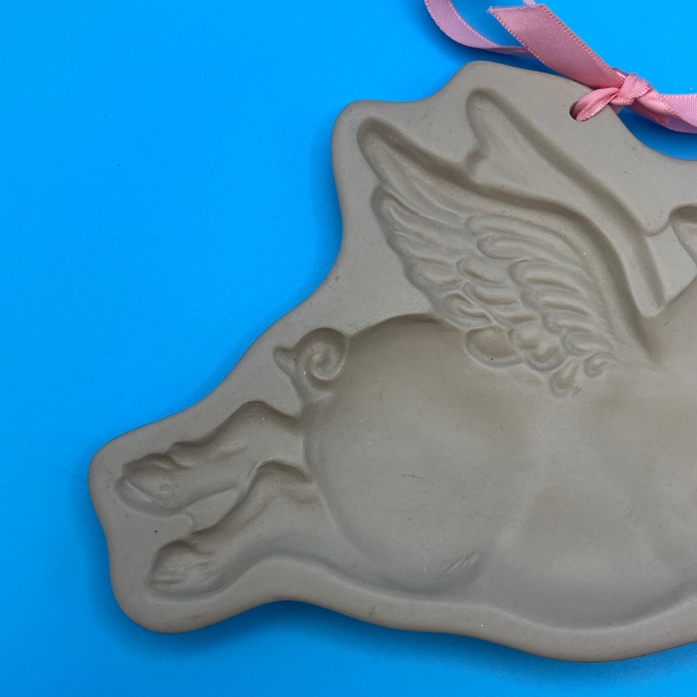 Brown Bag Cookie Mold Art Flying Pig Stoneware Vintage 1993 Whimsical Decor - Picture 3 of 6